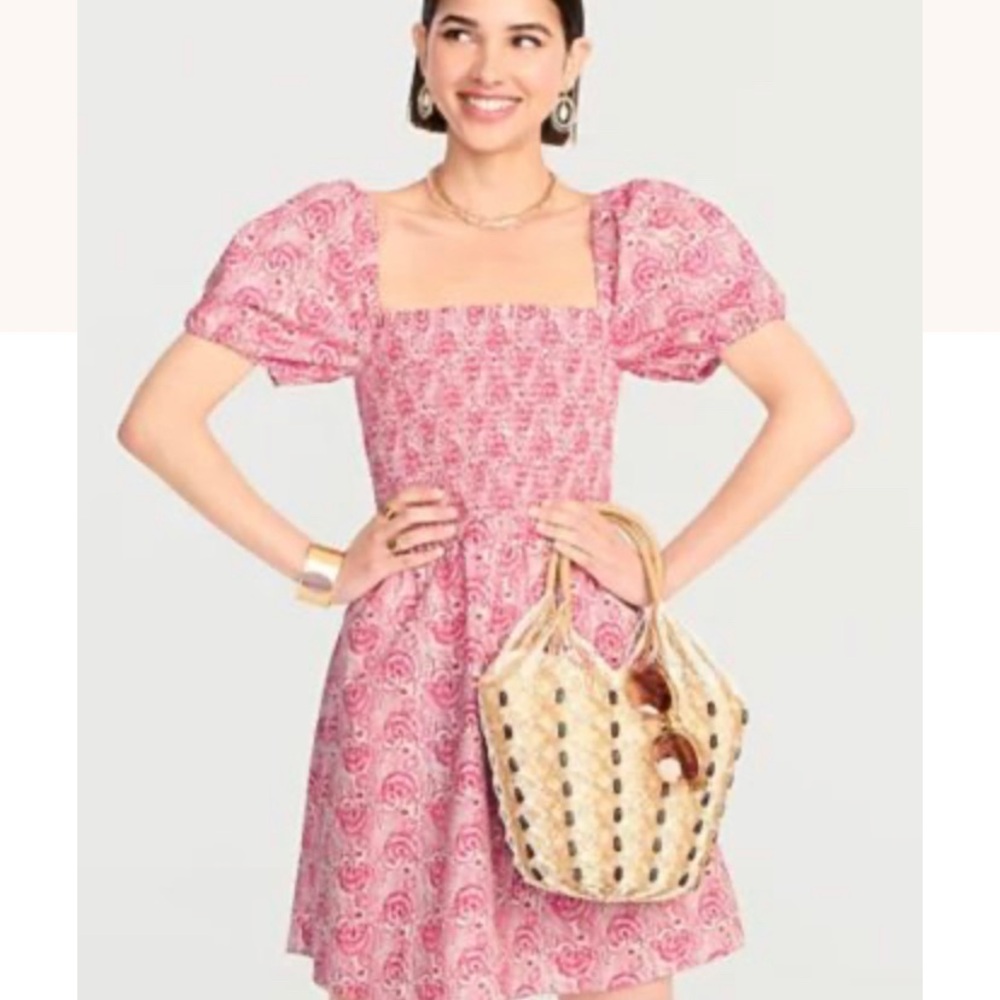 New J. Crew Pink Puff Sleeved Smocked Mini Dandelion Swirl Mini Dress Size S